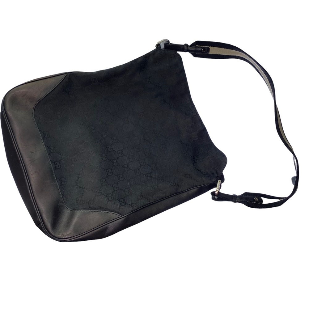 Authentic Gucci Black Canvas Signature GG Print Shoulder Hobo Tote Handbag Purse